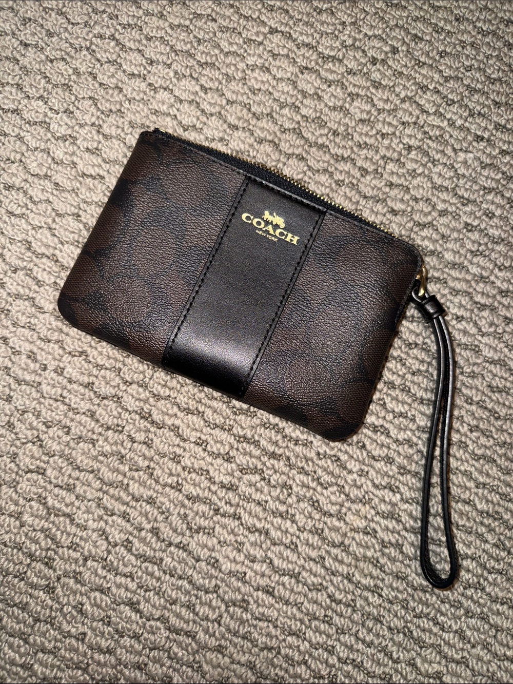 Coach Brown & Black Signature Wristlet with Gold Logo